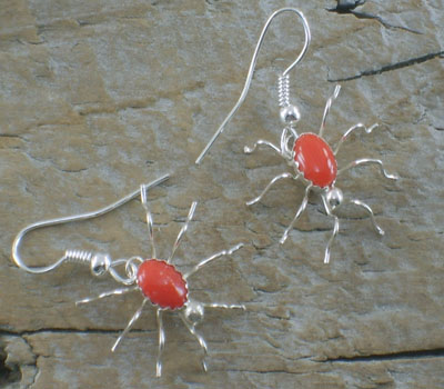 Earrings Native American Coral and Sterling Spider